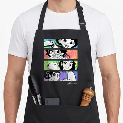 Panel personalized family aprons - Four stacked cartoon panels of characters and animals on colorful leaf backgrounds — shown on a black cotton canvas apron against a white background