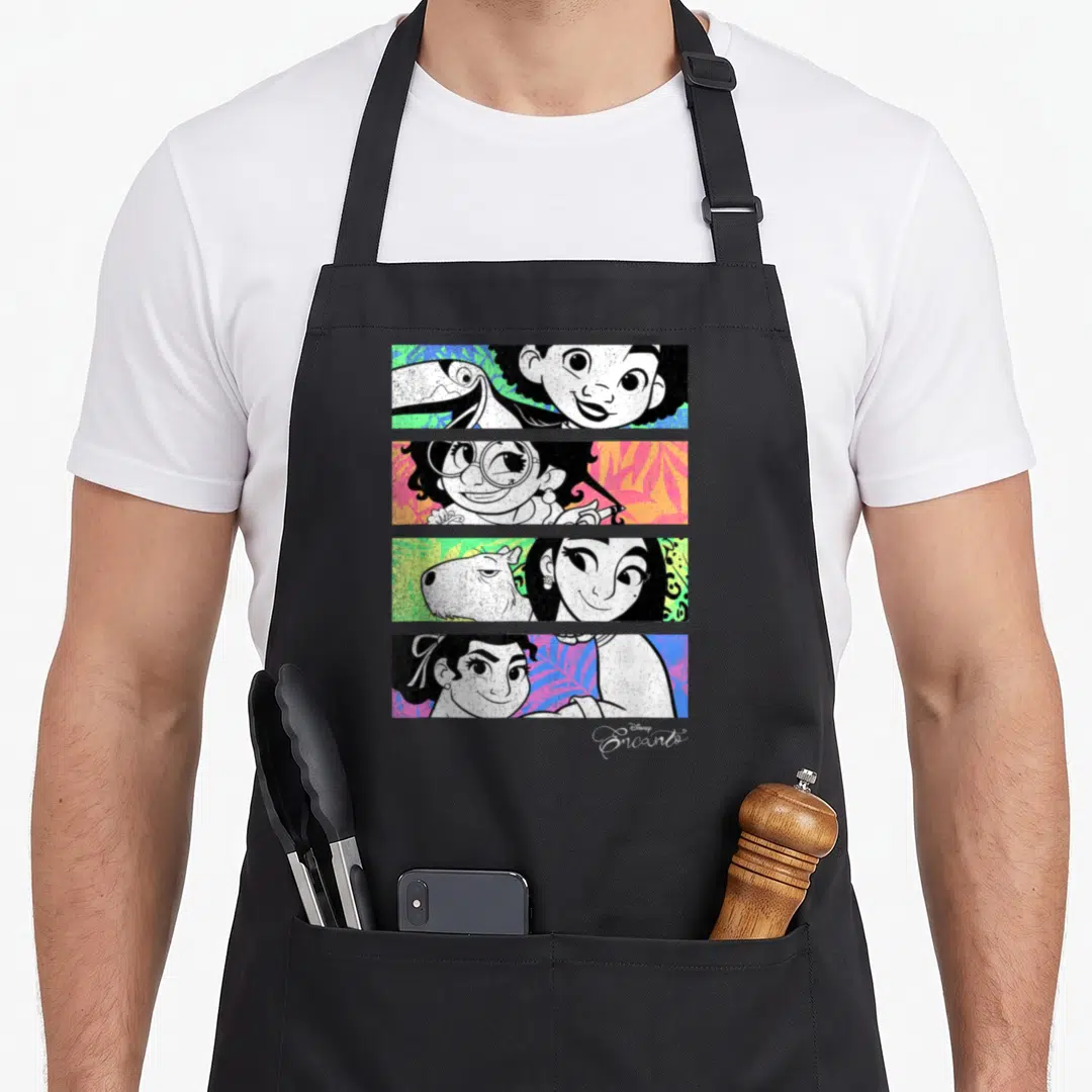 Panel personalized family aprons - Four stacked cartoon panels of characters and animals on colorful leaf backgrounds — shown on a black cotton canvas apron against a white background