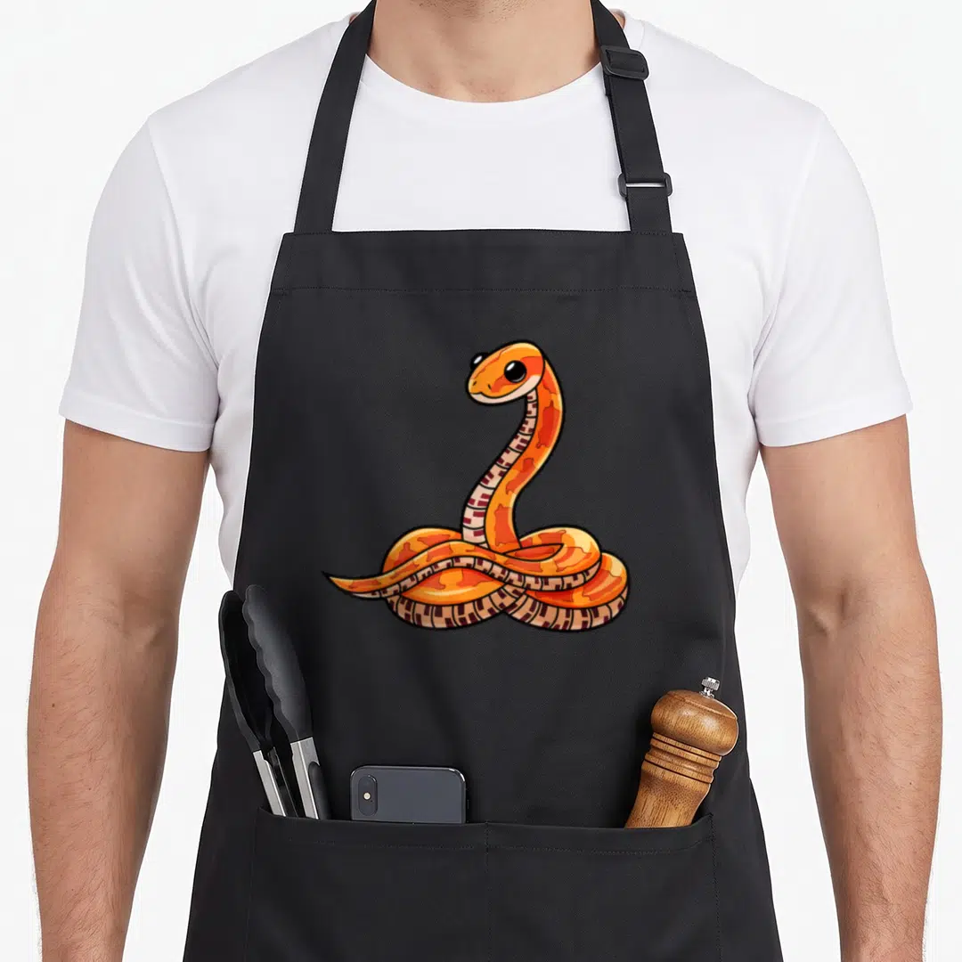 Funny corn snake apron - Cartoon orange and red corn snake coiled with raised neck in art style — shown on a black cotton canvas apron against a white background