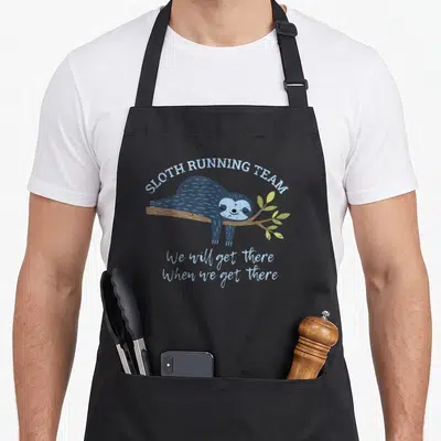 Jogging sloth apron - Blue cartoon sloth hanging from branch with SLOTH RUNNING TEAM text — shown on a black cotton canvas apron against a white background