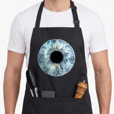 Eyeball optometrist apron - Close-up blue human eye iris with white and black details — shown on a black cotton canvas apron against a white background