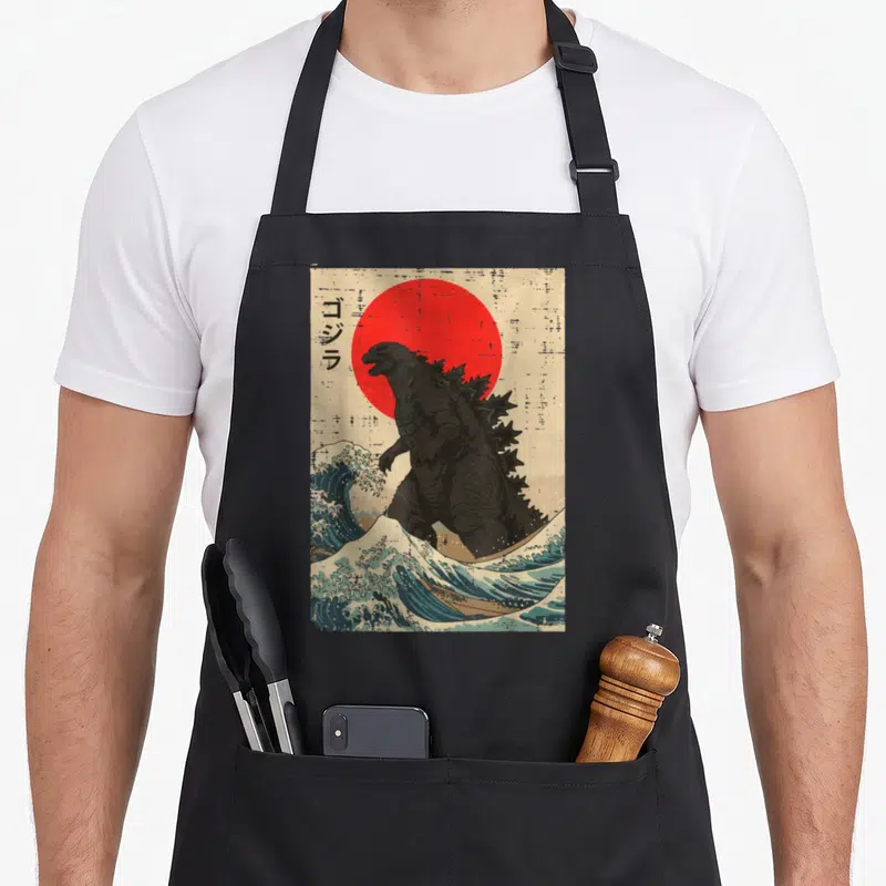 Sun japan apron - Retro black Godzilla stands before red sun among blue waves with vertical Japanese text on beige — shown on a black cotton canvas apron against a white background