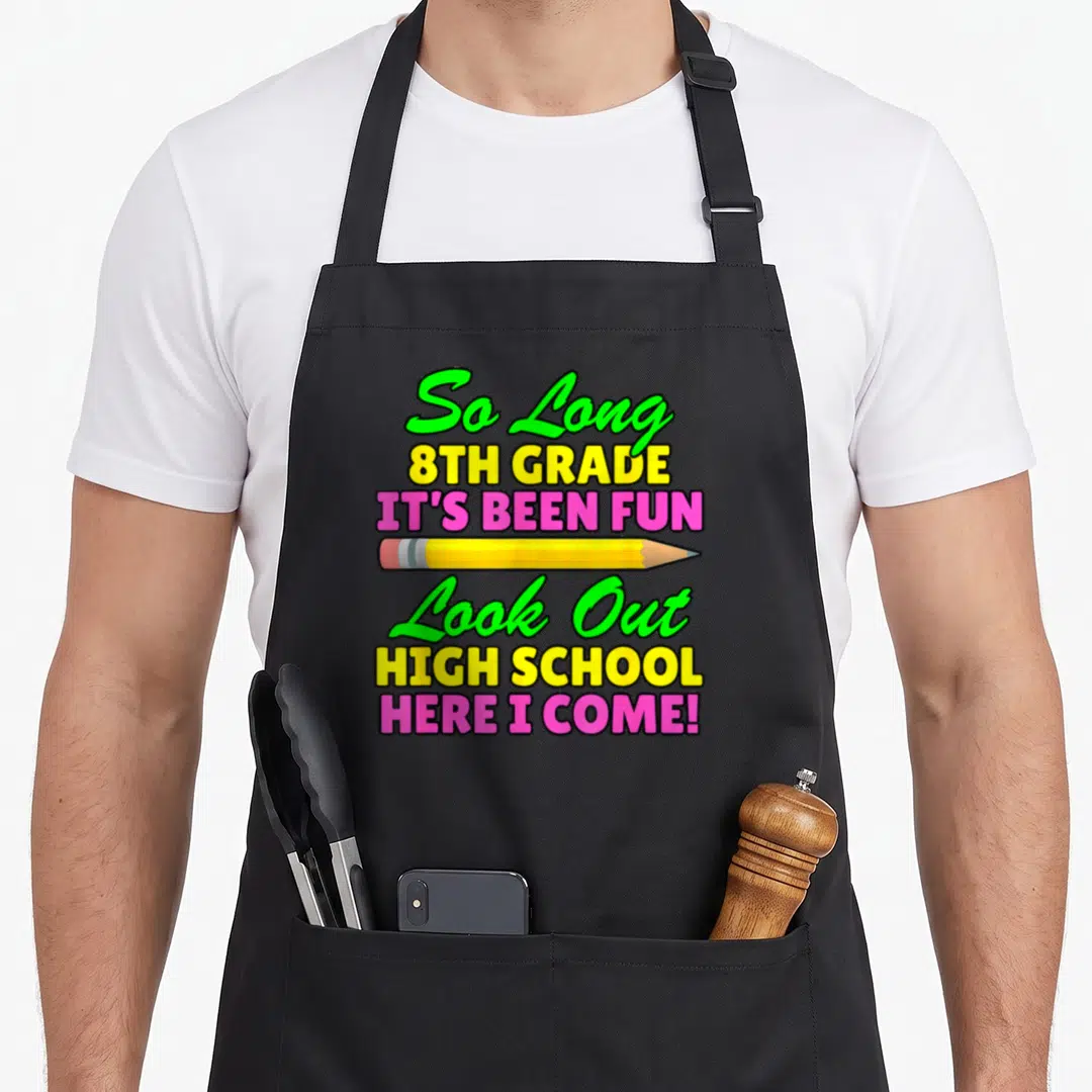 8th hello apron - Stacked text So Long 8th Grade with a yellow pencil separating it from High School Here I Come — shown on a black cotton canvas apron against a white background