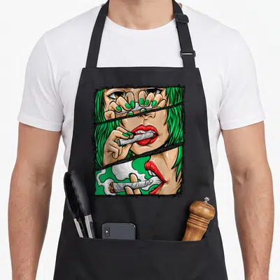 Roll funny pot apron - Cartoon woman split into three panels showing green nails, red lips, and smoke — shown on a black cotton canvas apron against a white background
