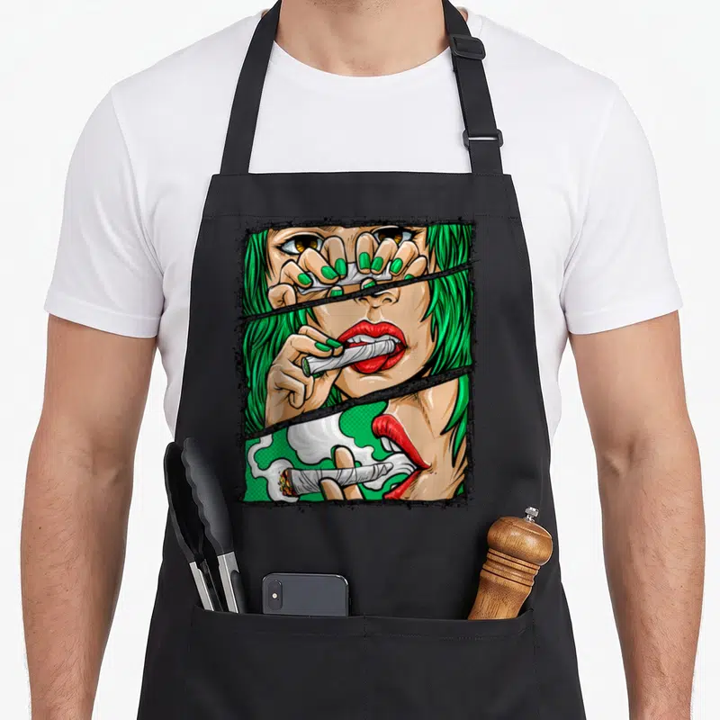 Roll funny pot apron - Cartoon woman split into three panels showing green nails, red lips, and smoke — shown on a black cotton canvas apron against a white background