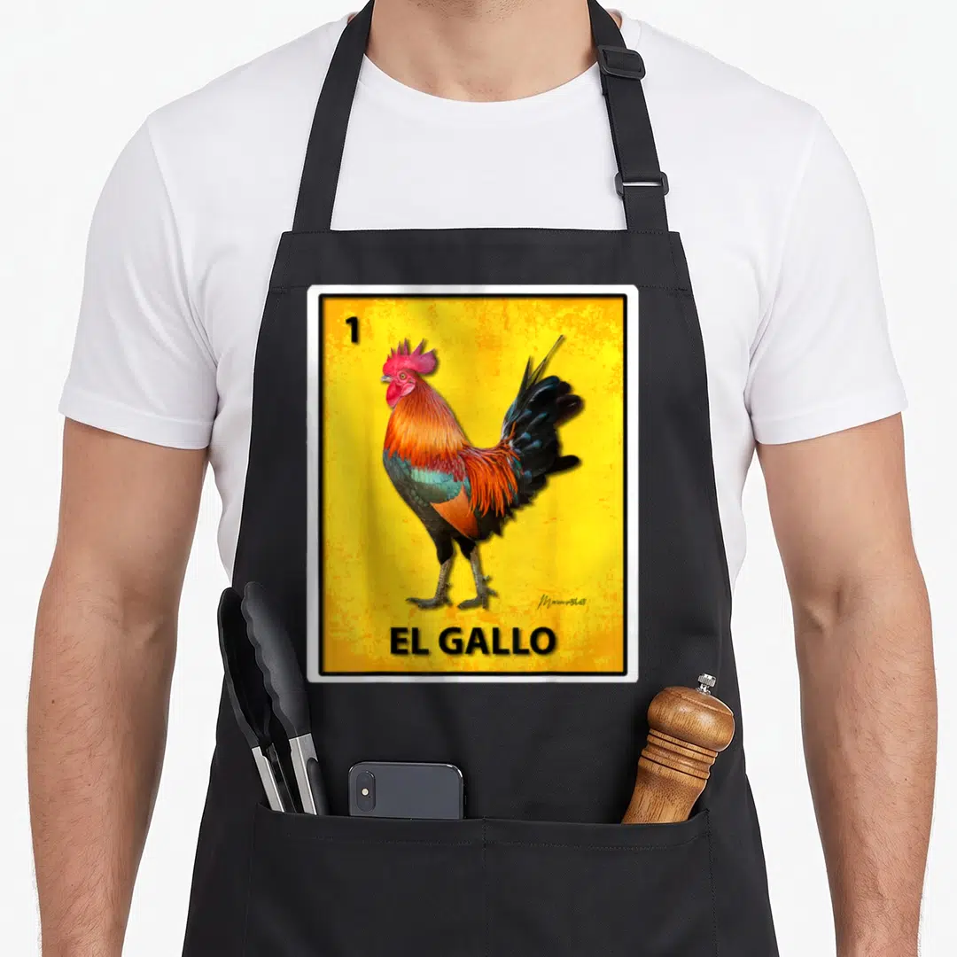 Gallo colorado apron - Realistic rooster standing on yellow background with number 1 and EL GALLO text at bottom — shown on a black cotton canvas apron against a white background