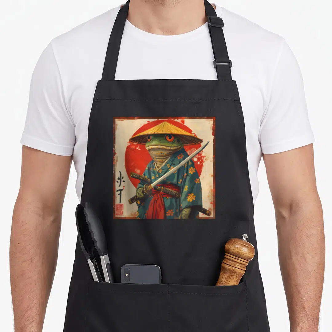 Japanese frog aprons - Realistic frog samurai in blue kimono holding sword before red sun with calligraphy — shown on a black cotton canvas apron against a white background