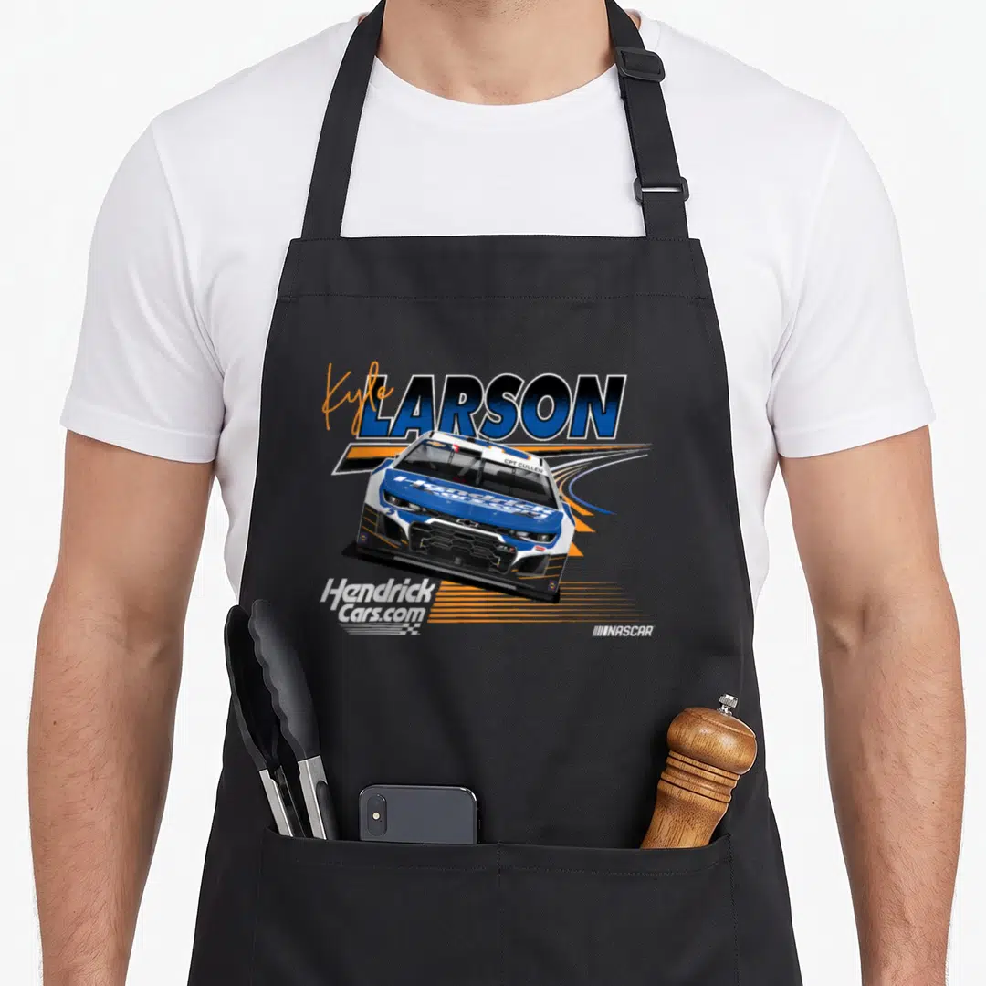 Nascar line apron - Race car in white blue orange with Kyle Larson and HendrickCars.com text — shown on a black cotton canvas apron against a white background