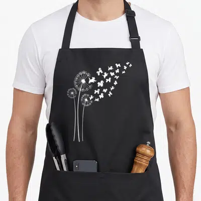 Dandelion dog apron - Three white dandelions with small fluffy dogs drifting as seeds towards the right — shown on a black cotton canvas apron against a white background