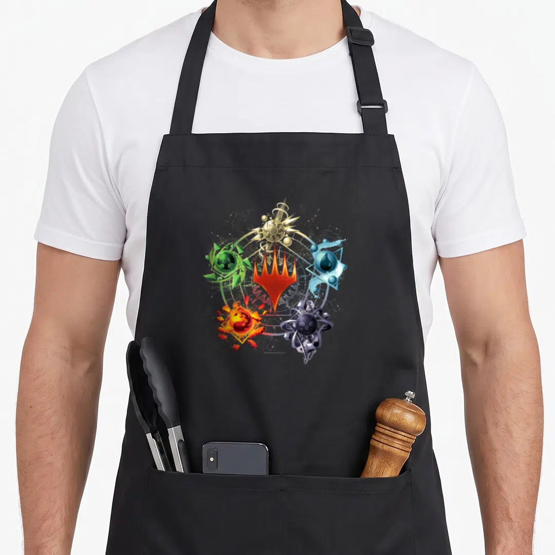 Mana magic apron - Five elemental symbols in a circle around a red fire icon in cartoon style — shown on a black cotton canvas apron against a white background