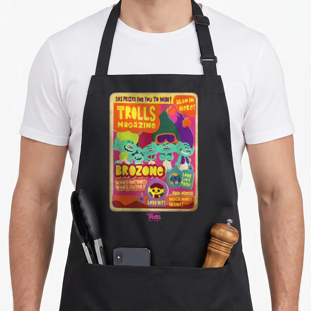 Magazine troll apron - Retro magazine cover print with cartoon trolls and text 101 PRIZES FOR YOU TO WIN BROZONE — shown on a black cotton canvas apron against a white background