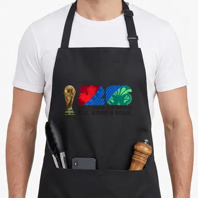 Trophy country apron - Gold trophy beside patterned 2026 text reading FIFA WORLD CUP 2026 CAN MEX USA in red blue green — shown on a black cotton canvas apron against a white background