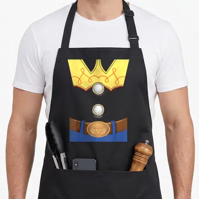 Jessie halloween apron - Cartoon yellow collar, two white buttons, brown belt, gold horned buckle, blue fabric accents — shown on a black cotton canvas apron against a white background