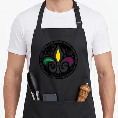 Fleur fat chef apron - Fleur-de-lis in grey yellow green purple inside distressed black circle — shown on a black cotton canvas apron against a white background