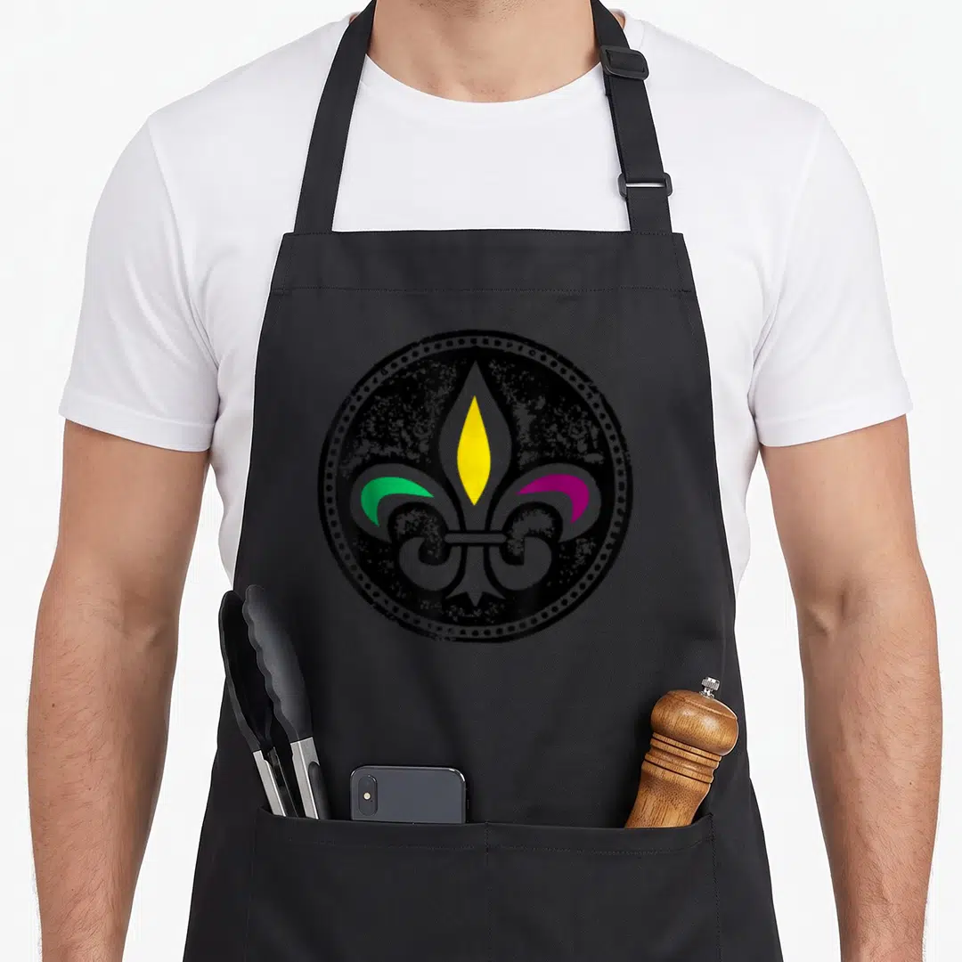 Fleur fat chef apron - Fleur-de-lis in grey yellow green purple inside distressed black circle — shown on a black cotton canvas apron against a white background