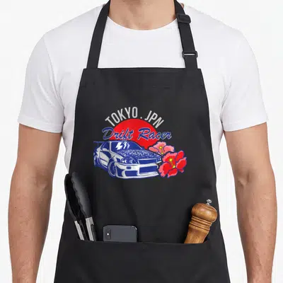Race japan apron - Retro blue and white drift car with red sun, TOKYO . JPN text, and flowers — shown on a black cotton canvas apron against a white background