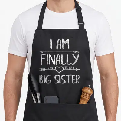 Older sister finally apron - White distressed text reading I AM FINALLY GOING TO BE A BIG SISTER with arrows and heart — shown on a black cotton canvas apron against a white background