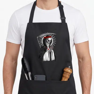 Santa mexican apron - Hooded skeleton praying with red rose crown and scythe in black white grey — shown on a black cotton canvas apron against a white background