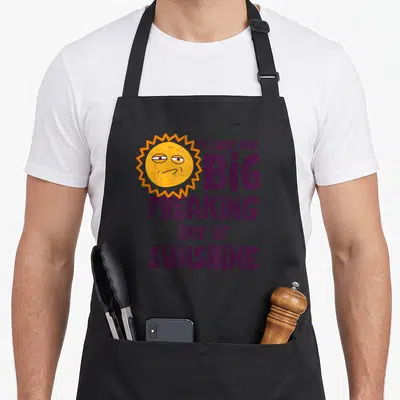 Freaking sarcastic apron - Grumpy yellow cartoon sun next to purple text reading I'M JUST ONE BIG FREAKING RAY — shown on a black cotton canvas apron against a white background