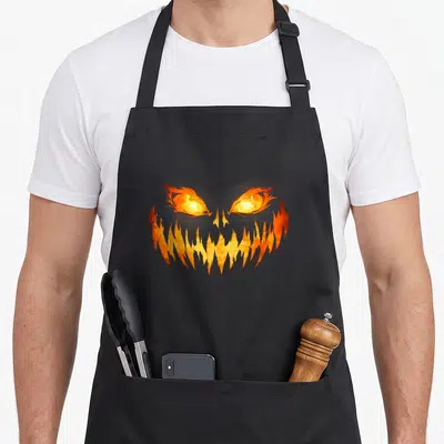 Scary spooky halloween apron - Glowing orange and yellow pumpkin face with sharp jagged teeth and menacing eyes — shown on a black cotton canvas apron against a white background