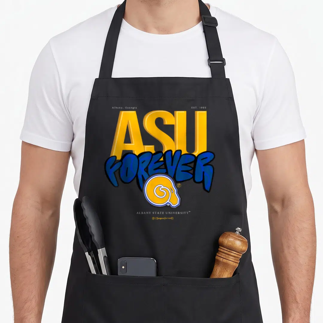 Albany essential apron - Yellow ASU and blue FOREVER text with ram head logo and Albany Georgia details — shown on a black cotton canvas apron against a white background