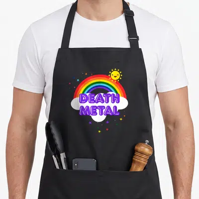 Death rainbow heavy metal apron - Purple DEATH METAL text over white cloud and rainbow with smiling sun — shown on a black cotton canvas apron against a white background