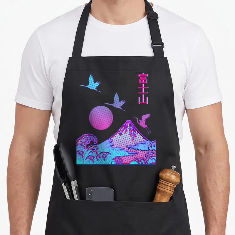Fuji japan apron - Retro Mount Fuji with kanji, three cranes, waves, and pink blue purple sun — shown on a black cotton canvas apron against a white background