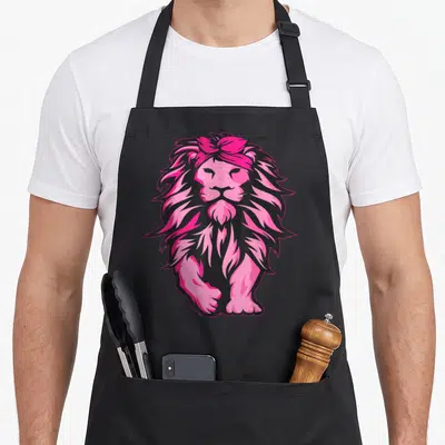 Lion breast cancer awareness aprons - Cartoon lion in pink and black wearing a pink headband — shown on a black cotton canvas apron against a white background