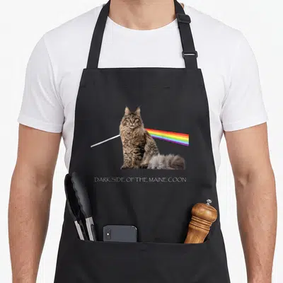 Dark cat apron - Maine Coon cat photo with rainbow prism and white text below — shown on a black cotton canvas apron against a white background