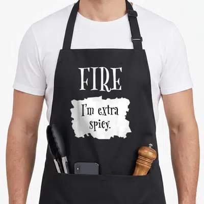 Extra halloween apron - White torn paper graphic with black text reading I'm extra spicy under the word FIRE — shown on a black cotton canvas apron against a white background