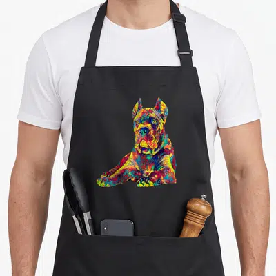 Italian cane apron - Multicolored cartoon dog in red blue yellow and green lying down — shown on a black cotton canvas apron against a white background