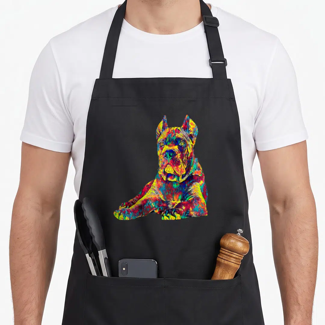Italian cane apron - Multicolored cartoon dog in red blue yellow and green lying down — shown on a black cotton canvas apron against a white background