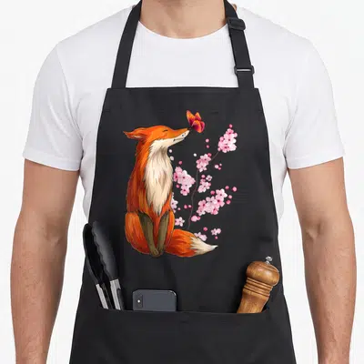 Fox cherry apron - Cartoon fox facing right with butterfly on nose and pink cherry blossom branch — shown on a black cotton canvas apron against a white background