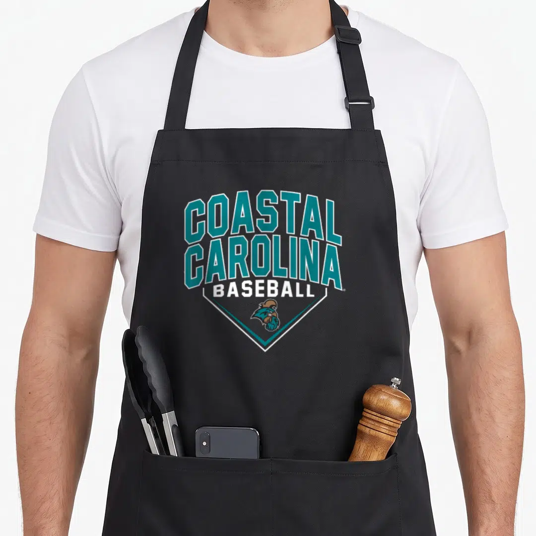 Coastal baseball apron - Teal and white Coastal Carolina Baseball text above mascot head in shield outline — shown on a black cotton canvas apron against a white background