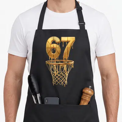 Drip basketball meme apron - Melting gold number 67 above a basketball hoop net — shown on a black cotton canvas apron against a white background