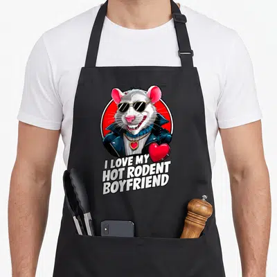 Funny hot i love my mouse apron - Cartoon rat in sunglasses and blue jacket inside red circle with I LOVE MY HOT RODENT — shown on a black cotton canvas apron against a white background