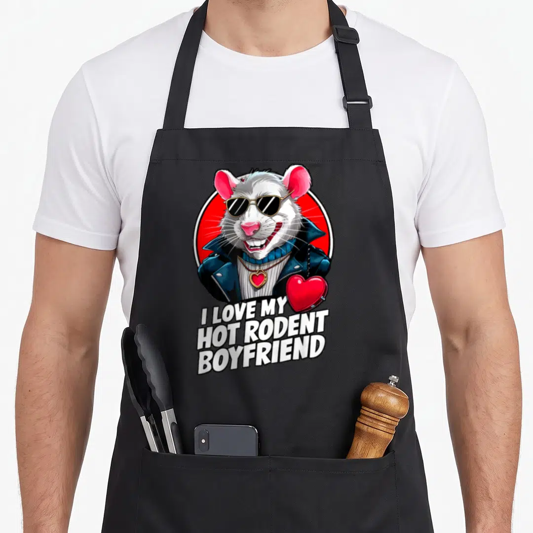Funny hot i love my mouse apron - Cartoon rat in sunglasses and blue jacket inside red circle with I LOVE MY HOT RODENT — shown on a black cotton canvas apron against a white background