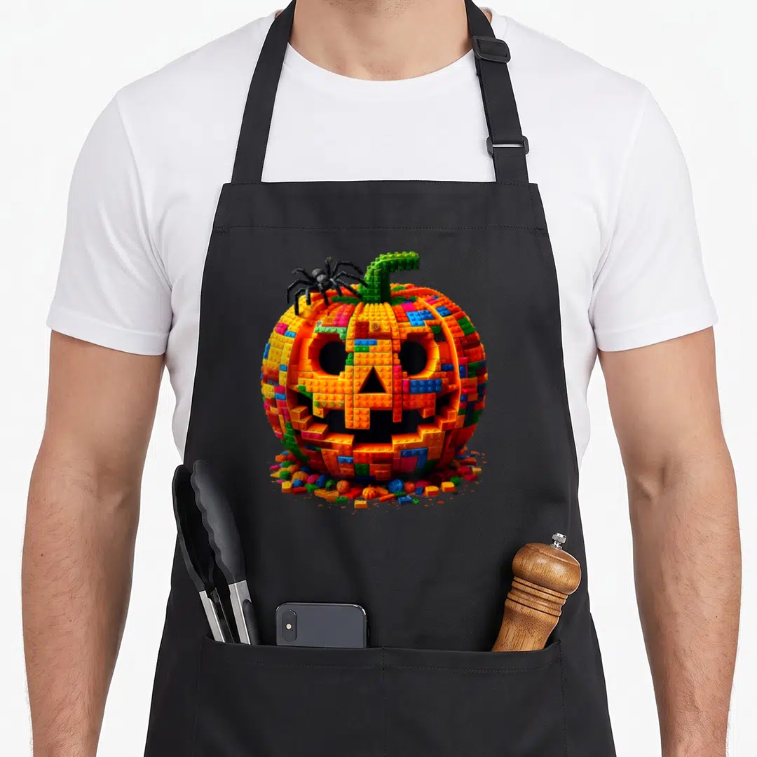 Halloween grill master apron - Colorful brick pumpkin with black spider and loose building blocks scattered at base — shown on a black cotton canvas apron against a white background