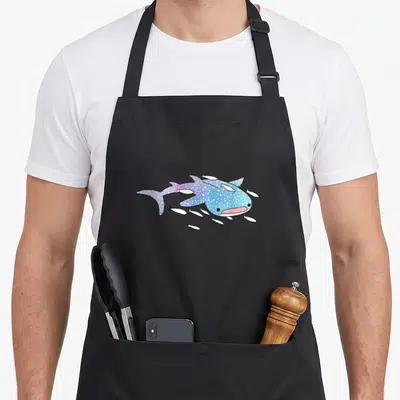 Blue kawaii apron - Cartoon whale shark in blue purple pink with small white fish watercolor style — shown on a black cotton canvas apron against a white background
