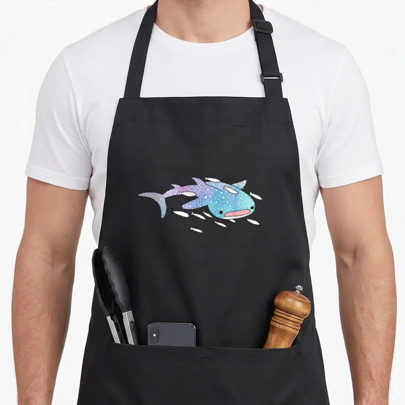 Blue kawaii apron - Cartoon whale shark in blue purple pink with small white fish watercolor style — shown on a black cotton canvas apron against a white background