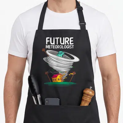 Future meteorologist apron - Cartoon tornado lifting teal car and breaking yellow house under white FUTURE — shown on a black cotton canvas apron against a white background