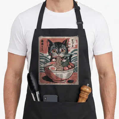 Kitten kawaii cat apron - Cartoon grey cat eating ramen from red bowl with blue waves and red sun background — shown on a black cotton canvas apron against a white background