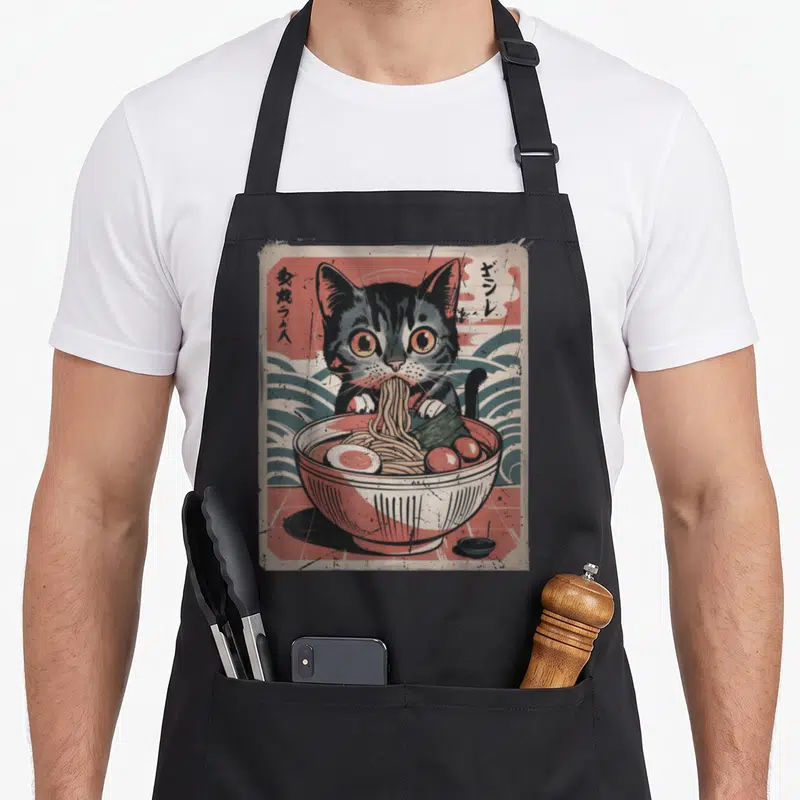 Kitten kawaii cat apron - Cartoon grey cat eating ramen from red bowl with blue waves and red sun background — shown on a black cotton canvas apron against a white background
