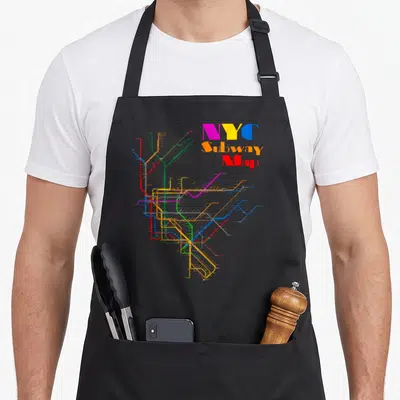Map new york apron - NYC Subway Map graphic with colored lines and stacked text on black fabric — shown on a black cotton canvas apron against a white background