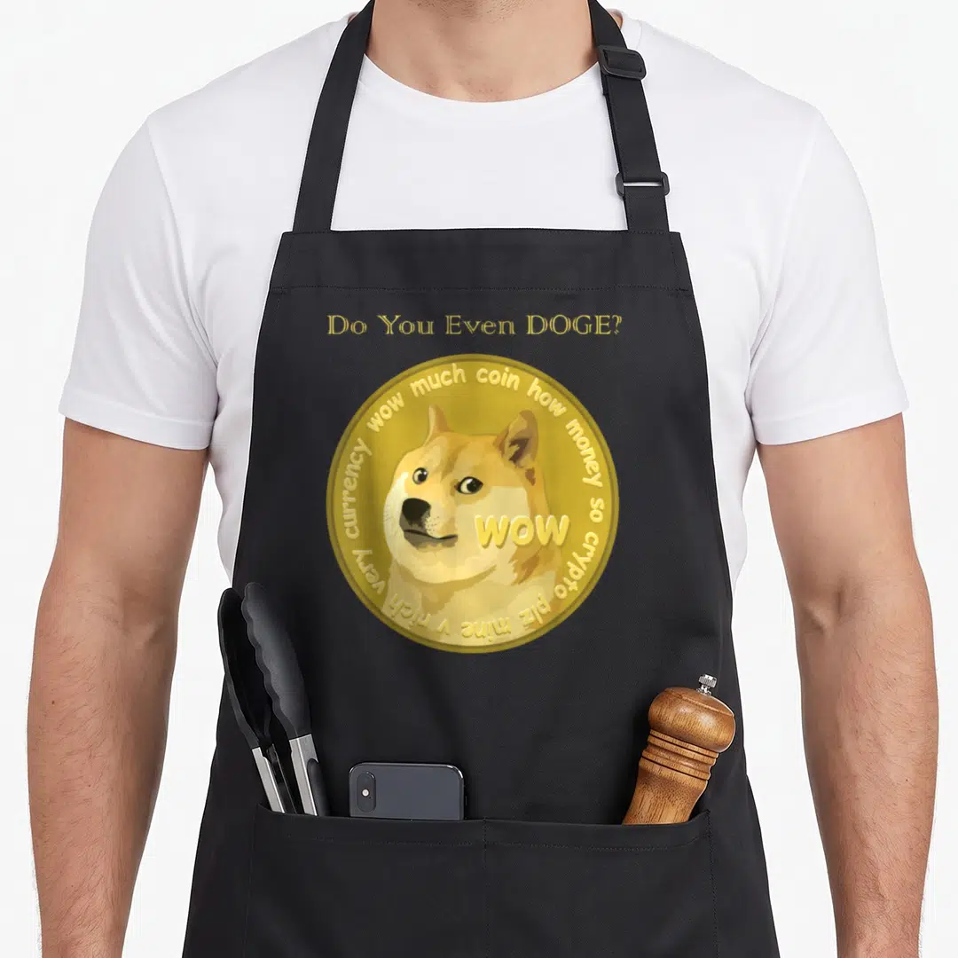 Doge coin apron - Gold coin with dog face and Do You Even DOGE text — shown on a black cotton canvas apron against a white background