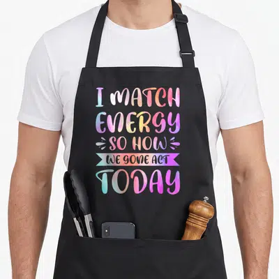 Gone act apron - Stacked I Match Energy So How We Gone Act Today text in pink blue yellow purple watercolor gradients — shown on a black cotton canvas apron against a white background