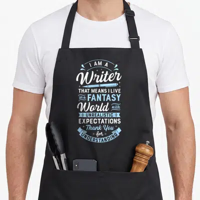 Mean writer apron - I AM A Writer typography with blue pen and two front pockets — shown on a black cotton canvas apron against a white background