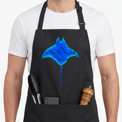 Stingray fishing aprons - Blue realistic stingray graphic centered on black bib apron — shown on a black cotton canvas apron against a white background