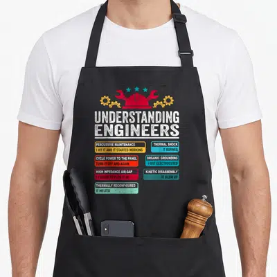 Understanding engineering engineer apron - Schematic of hard hat wrenches gears with sarcastic maintenance terms — shown on a black cotton canvas apron against a white background