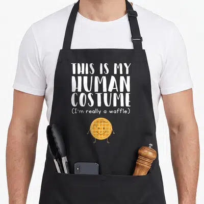 Human honestly apron - Cartoon waffle character below stacked white text reading human costume — shown on a black cotton canvas apron against a white background